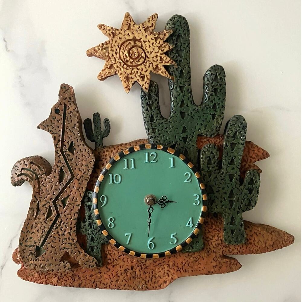 Vintage Southwest Wall Clock Coyote Cactus Desert Sun, 90s, Molded Plastic